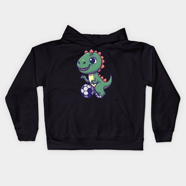 Cute dinosaur playing football Kids Hoodie by Spaceboyishere